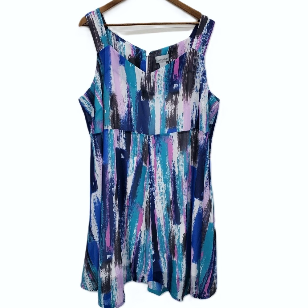 Catherines Womens Midi Sleeveless‎ Chiffon Lined Dress Plus Size 2X Brushstroke